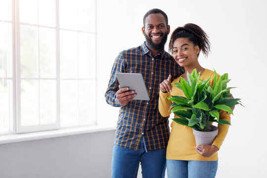 Happy millennial african american couple with potted plant hold tablet and looking at camera near window in room interior. Digital device, app for flat design, moving and home renovation, free space - Powered by Adobe
