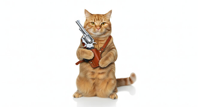 A ginger cat, sitting upright, holds a revolver in a leather holster. - Powered by Adobe
