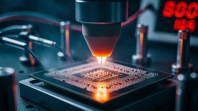 Detailed image of a cryptographic hardware chips surface during burnin testing verified for operational stability under high heat.