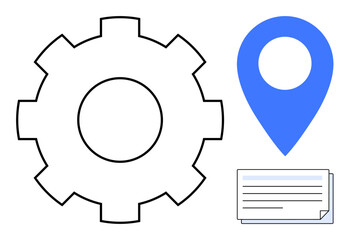 Gear, location pin, and document symbolizing settings, navigation, and information exchange. Ideal for technology, workflow, management, location services organization planning digital processes