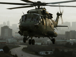 Low angle view of a military helicopter in flight over an urban cityscape. The aircraft is captured in detail with its rotor blades in motion, against a background of tall buildings and a winding