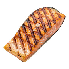 Close up view of a grilled salmon fillet with grill marks on a black background studio shot dish