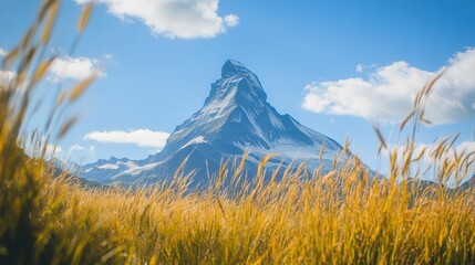Fototapeta premium Capture Mountain Peaks View, Amidst Golden Grasses And Clear Skies, Nature Scenery