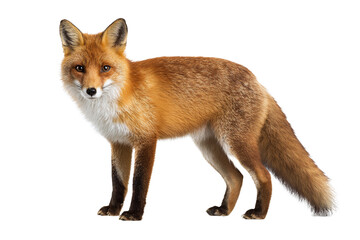 Fototapeta premium Red fox standing and looking at camera, isolated on white transparent background.