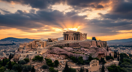 Fototapeta premium Ancient Acropolis of Athens bathed in golden sunset light, overlooking the city below.