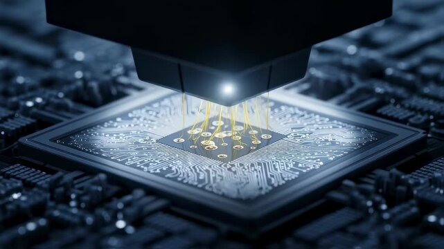 Bright microscopy image showing nanoscale electrode contact points on siliconbased braincomputer interface microchip during bonding.