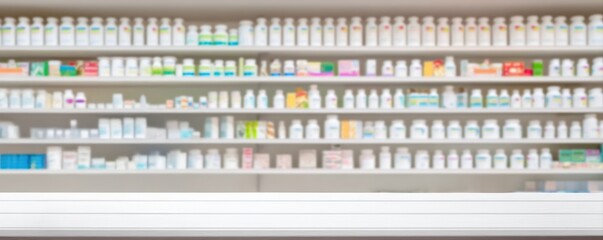 Fototapeta premium Blurred pharmacy shelves full of drugs and medicine showing variety of pharmaceutical products for sale in a drugstore
