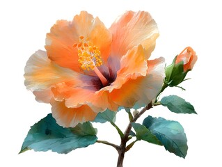 Watercolor hibiscus flower blossom alongside bud displays warm pastel color palette on a white background.