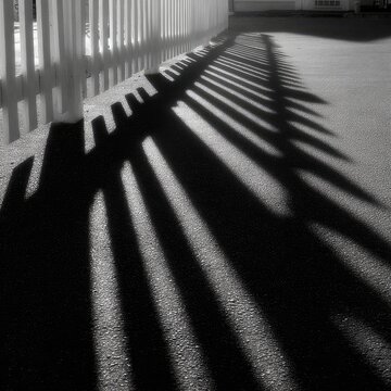 White picket fence shadows on ground