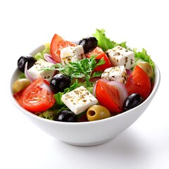 Fresh Greek salad with feta cheese, olives, tomatoes, and lettuce in a white bowl