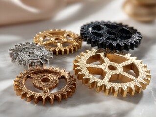 An assortment of shiny metal gears are displayed together showcasing industrial design and mechanical concepts.