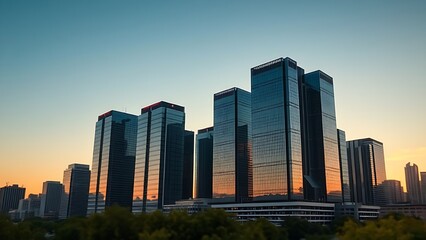 Obraz premium Modern city skyline glowing at sunset, with towering glass buildings reflecting golden evening light.
