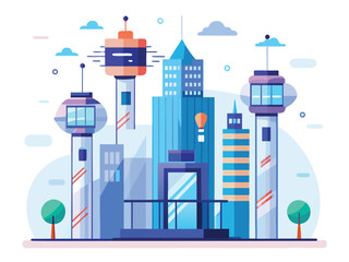 Modern cityscape with futuristic buildings and ai smart elevators in a vibrant scene