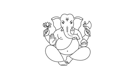 Fototapeta premium Line drawing of Ganesha, the Hindu god, seated in a lotus position, holding a lotus flower and an axe.