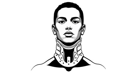 Person with neck brace. Young black man with futuristic neck brace in graphic style  