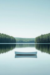 canoe Sits on Still Lake Reflecting trees Under clear Sky for Peaceful Trip
