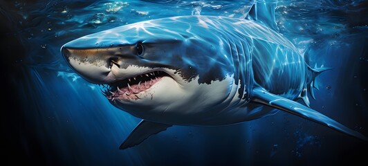 Naklejka premium The black background contrasts sharply with the bright blue silver light emitted by shark , generative AI