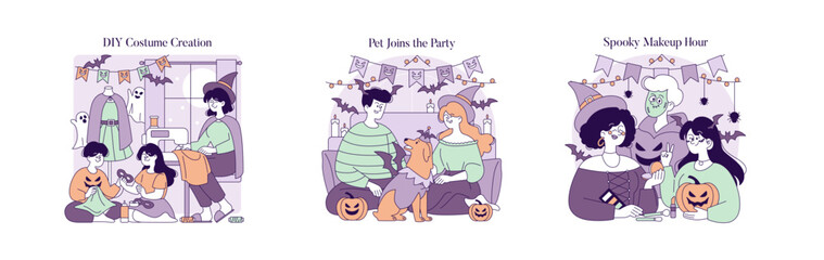 Halloween Celebration Scenes Vector Illustration Set
