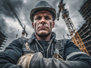 Focused construction worker with crossed arms confidently oversees the urban development project site outdoors.
