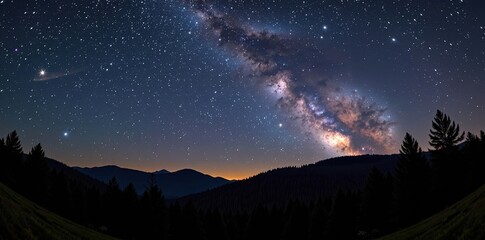 Naklejka premium Vast, starlit night sky blankets a dark, mysterious forest, countless stars twinkling above ancient trees, black, stars, woodland