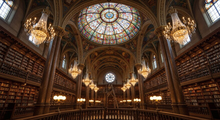 Interior of a grand library with a stunning stained glass ceiling and rows of bookshelves