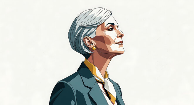 Illustration of a confident older woman with short gray hair, wearing a suit and looking upwards.
