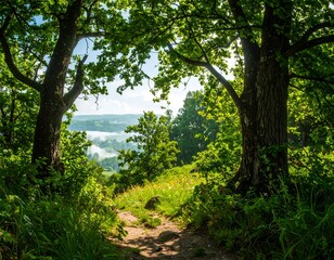 Obraz premium Sunlit path through trees to a misty vista