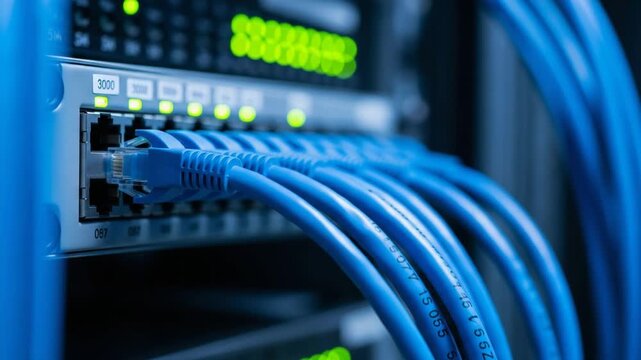 Connecting Blue Cables to Network Device with Blinking Green Lights Close Up