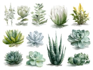 Watercolor succulents and flowers collection isolated on white background for botanical design work beautifully.