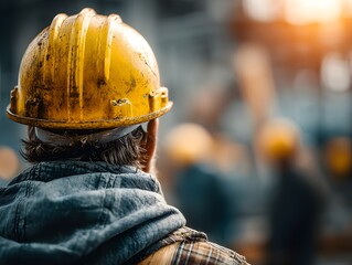 Back view of a construction worker wea hard hat looking at a distant construction site at daytime.