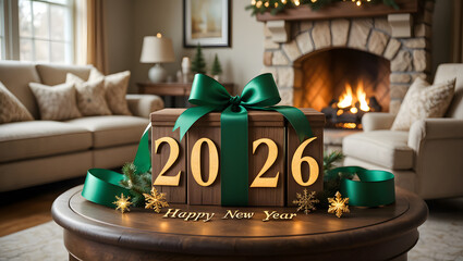 Festive 2026 new year celebration with gifts and decorations in a cozy living room