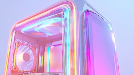 Close-up of a colorful computer case with vibrant lighting effects.