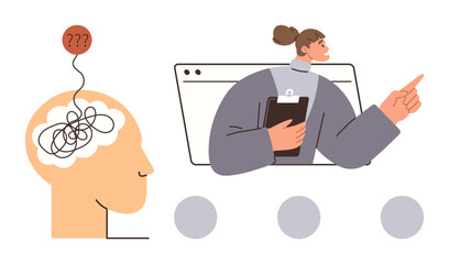 Woman holding clipboard pointing ahead, addressing a tangled thought bubble inside a human head. Ideal for problem-solving, mental health, leadership, guidance, creativity, focus, simple flat