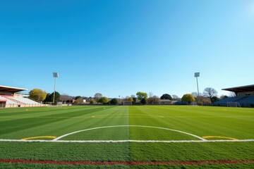 Vast, empty football field stretches under a clear sky, goalposts stand solitary against the green expanse, clouds, texture, exercise