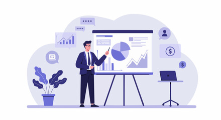 Professional businessman giving a financial presentation with charts and graphs on a whiteboard to an audience in a bright studio.