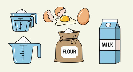 National date nut bread day september 8  baking ingredients vector illustration flour eggs milk measuring cups kitchen baking cooking recipe preparation vector