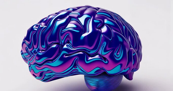 Rotating 3D brain model showing back curve on pale floor, with glossy purple teal surfaces - Powered by Adobe