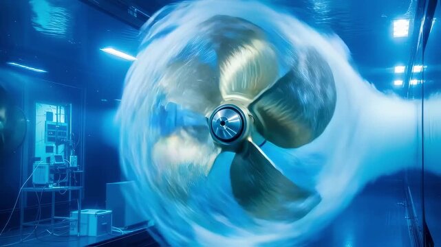 Bluetoned underwater imagery of a shipping propeller in cavitation tunnel flow emphasizing breakthroughs in energyefficient marine transport.