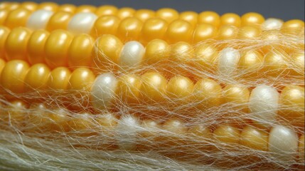 Close-up of corn kernels with fuzzy silk