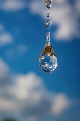 Water droplet reflecting a sky with clouds