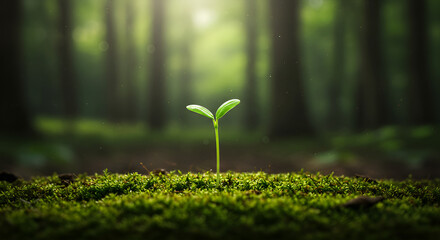 A small green sprout grows on moss under natural light, symbolizing new life, hope, and the beginning of growth.