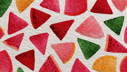 Watercolor pattern of triangular watermelon slices in varying shades of red, pink, orange, and green on a textured white background