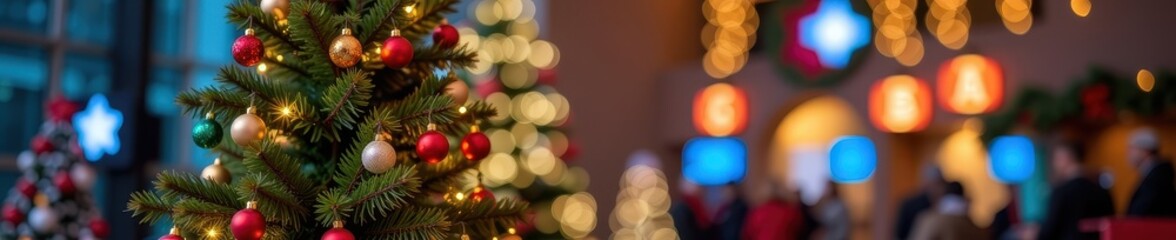 Fototapeta premium A lush, vibrant green Christmas tree stands tall, adorned with shimmering ornaments and twinkling lights against a blurred bokeh background, festive, evergreen, sparkles