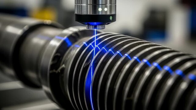 Closeup of thread profiles on deep geothermal drill rods being inspected with laser scanning technology.