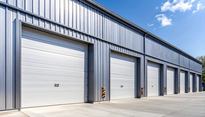 Fototapeta premium Modern industrial building with multiple closed garage doors under a clear sky.