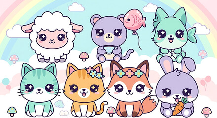 Fototapeta premium A cute collection of kawaii cartoon animals, including a sheep, bear, fox, cats, and rabbit, in a whimsical pastel landscape with a rainbow.