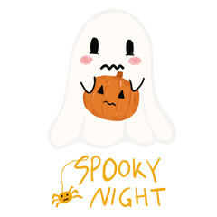 Cute chibi sad halloween white ghost holding scary orange pumpkin with spooky night text word funny quotes. Kids nursery children illustration icon clipart sticker wall art