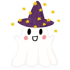 Cute chibi halloween white witch ghost wearing purple wizard hat with yellow stars. Kids illustration icon clipart sticker