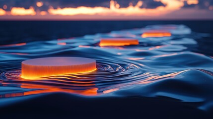 Illuminated oval platforms on rippled water surface at sunset.