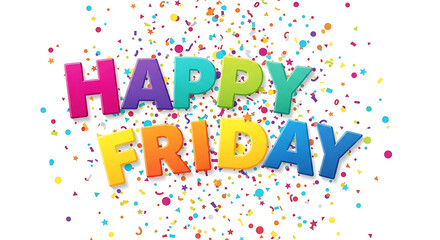 A cheerful 'Happy Friday' greeting in bright, multicolored letters surrounded by festive confetti.